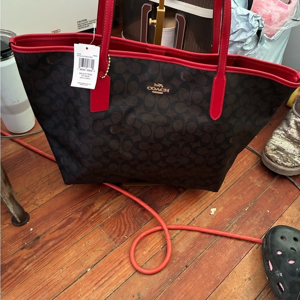 Coach Signature Tote in Brown and Red - Picture 3 of 9